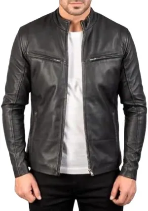 Men's Classic Motorcycle Leather Jacket, Black, Stand Collar, Front Zip Closure
