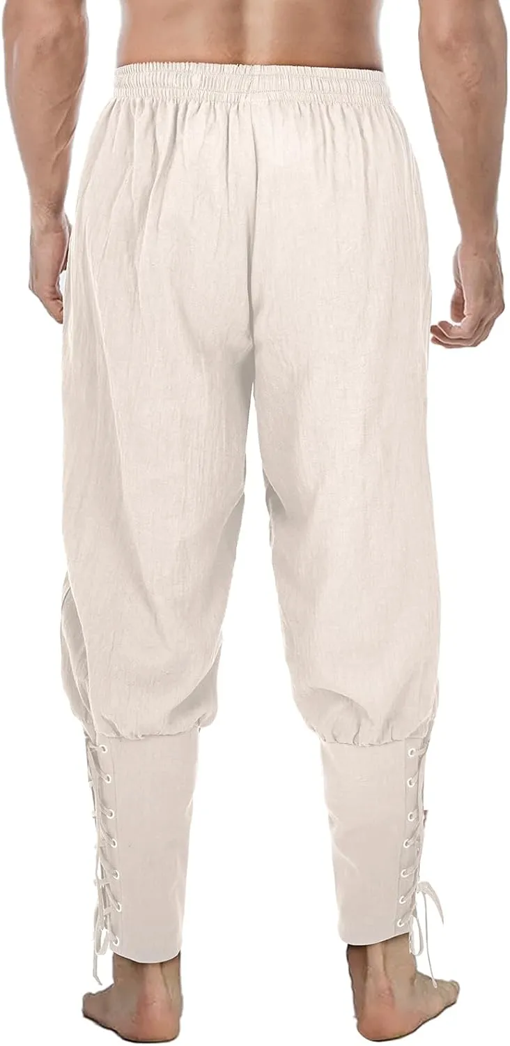 Men's Pirate Pants Renaissance Medieval Viking Pants Linen Ankle Banded Trousers Halloween Costume