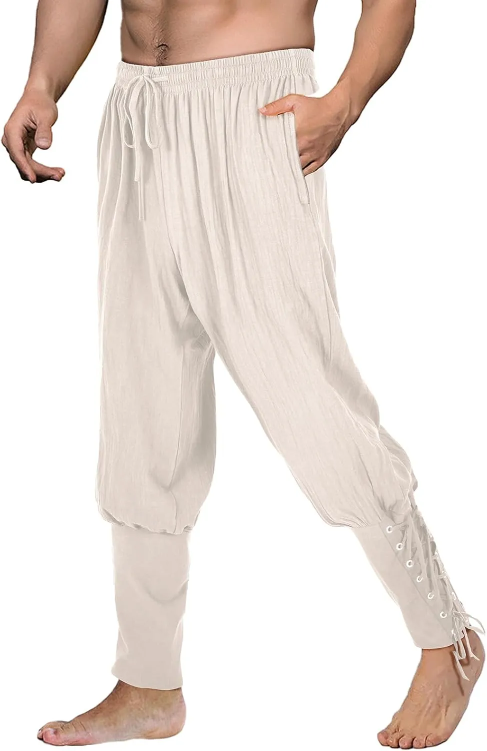 Men's Pirate Pants Renaissance Medieval Viking Pants Linen Ankle Banded Trousers Halloween Costume