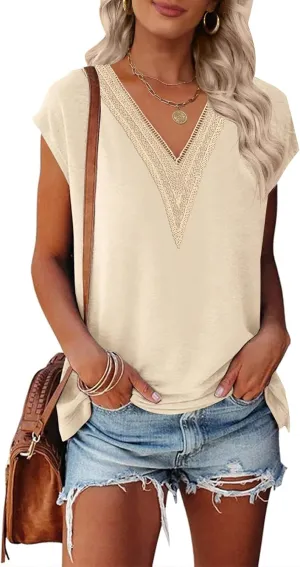 MEROKEETY Women's Casual Cap Sleeve Lace Trim V Neck Tops 2025 Summer Loose Tee Shirts Blouse