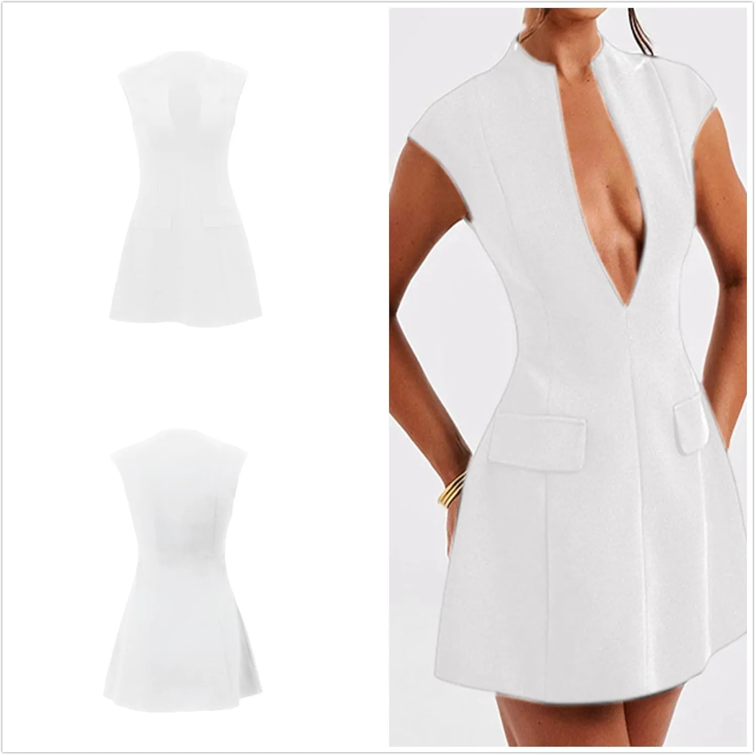 MINGSEECESS Women Cap Sleeve Mini Short Dress Deep V Neck Bodycon A-line Party Club Dresses