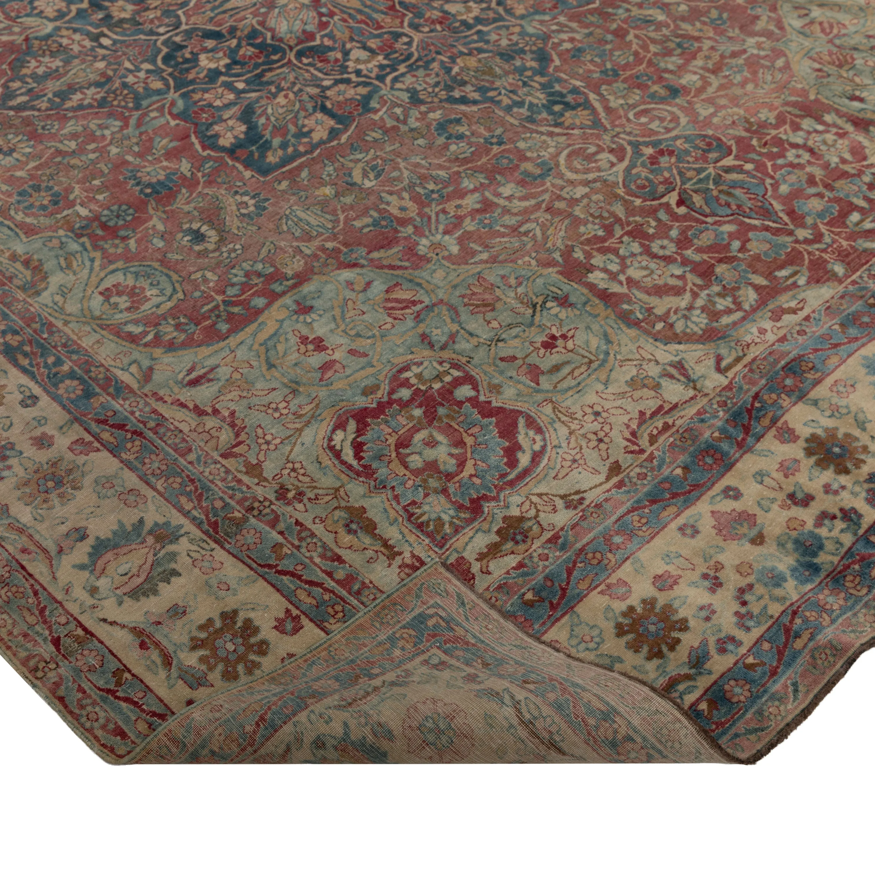 Pink & Blue Vintage Persian Kerman Rug - 8'8" x 12'