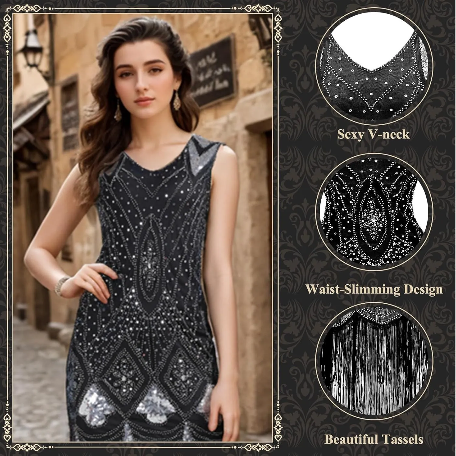 PLULON 1920s Dresses for Women, Sequin Fringed Gatsby Flapper Cocktail Dresses with 20s Accessories Set, Roaring 20s Costumes