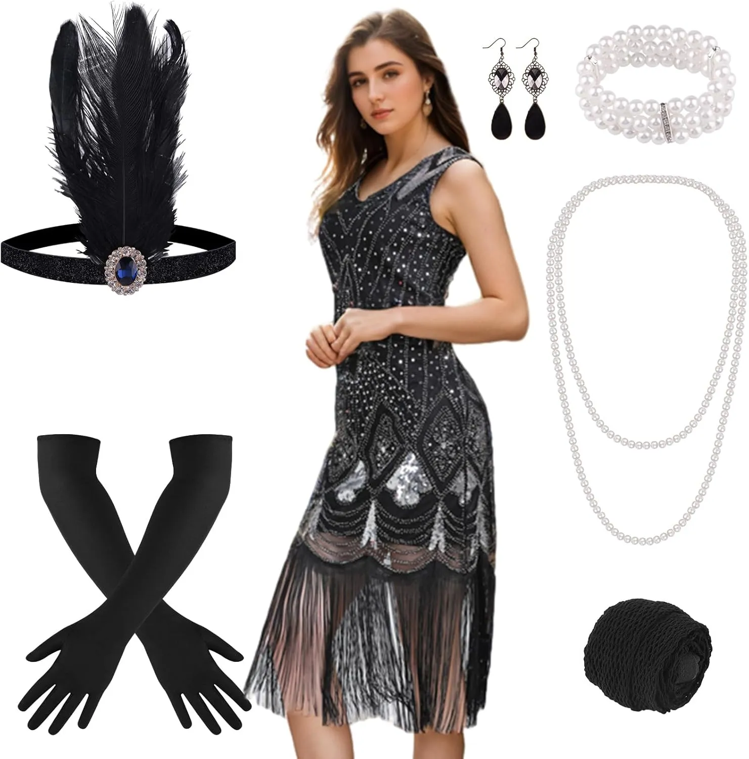 PLULON 1920s Dresses for Women, Sequin Fringed Gatsby Flapper Cocktail Dresses with 20s Accessories Set, Roaring 20s Costumes