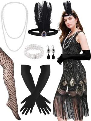 PLULON 1920s Dresses for Women, Sequin Fringed Gatsby Flapper Cocktail Dresses with 20s Accessories Set, Roaring 20s Costumes
