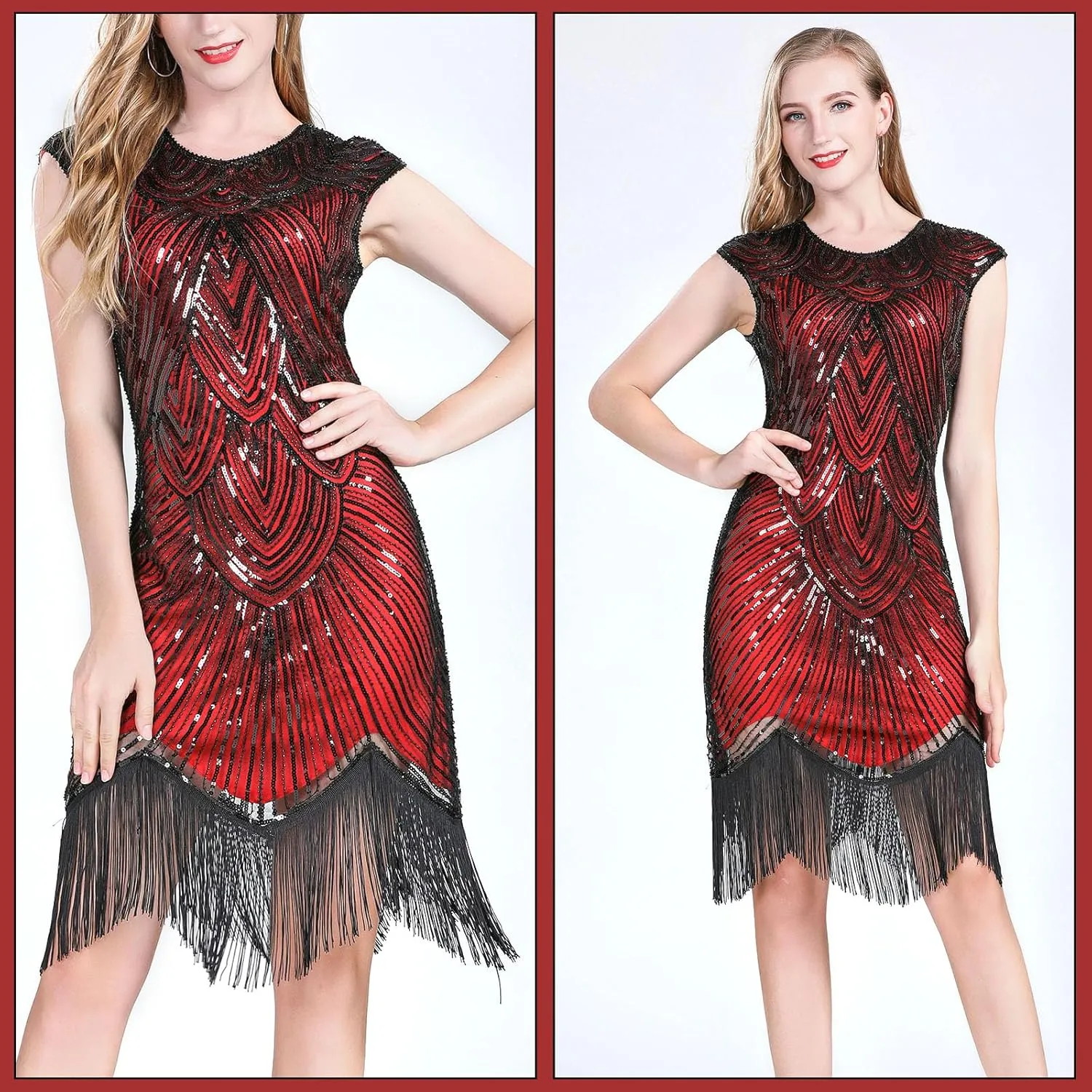 PLULON 1920s Dresses for Women, Sequin Fringed Gatsby Flapper Cocktail Dresses with 20s Accessories Set, Roaring 20s Costumes