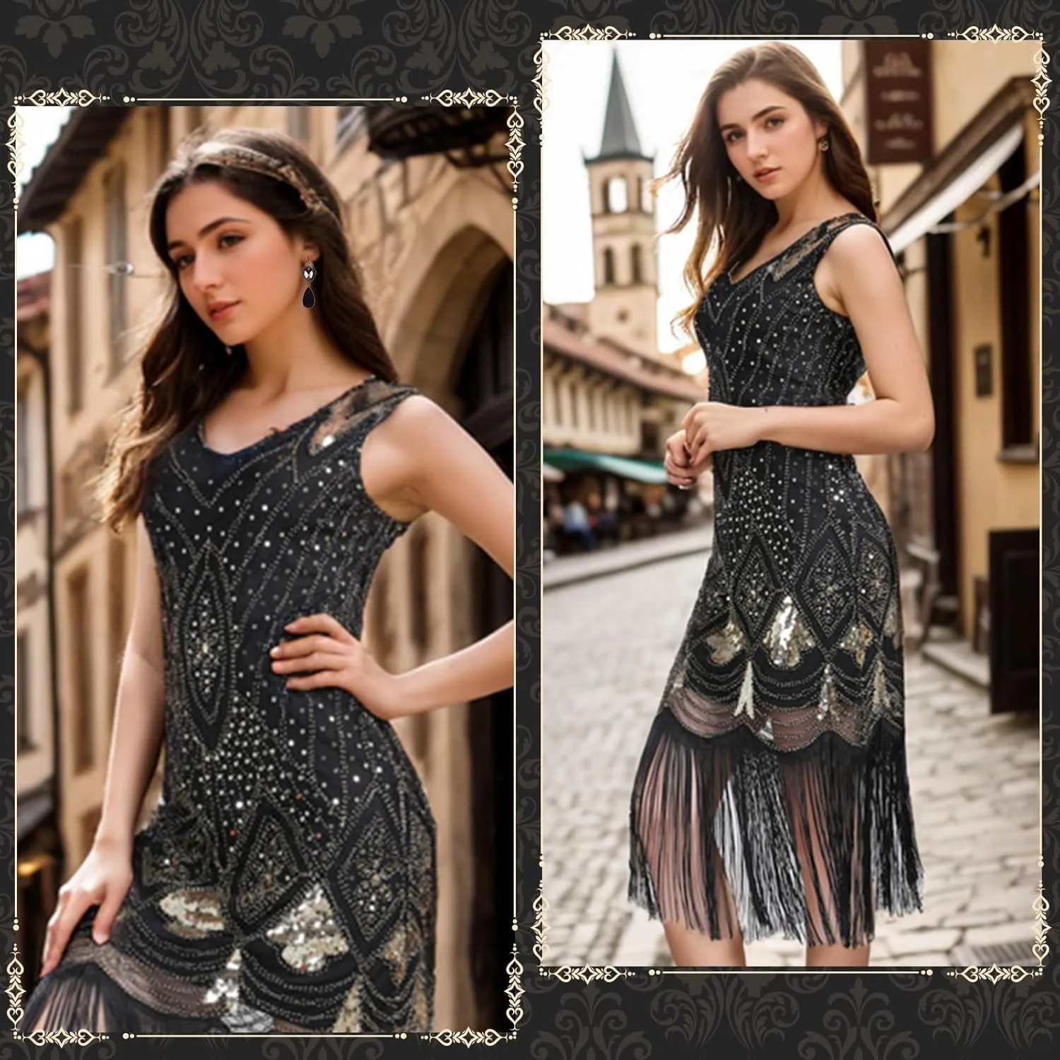 PLULON 1920s Dresses for Women, Sequin Fringed Gatsby Flapper Cocktail Dresses with 20s Accessories Set, Roaring 20s Costumes