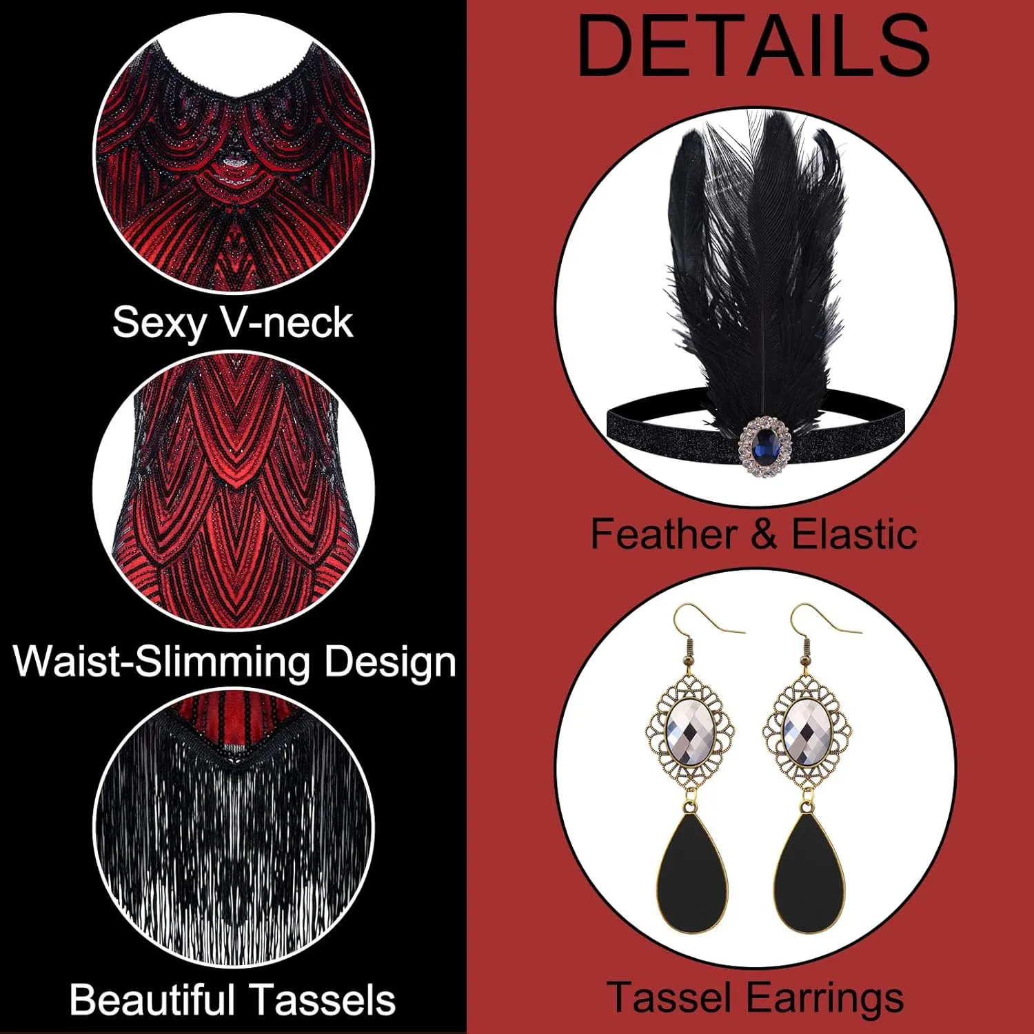 PLULON 1920s Dresses for Women, Sequin Fringed Gatsby Flapper Cocktail Dresses with 20s Accessories Set, Roaring 20s Costumes