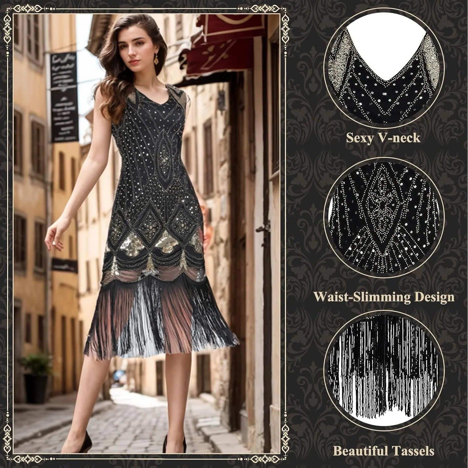 PLULON 1920s Dresses for Women, Sequin Fringed Gatsby Flapper Cocktail Dresses with 20s Accessories Set, Roaring 20s Costumes