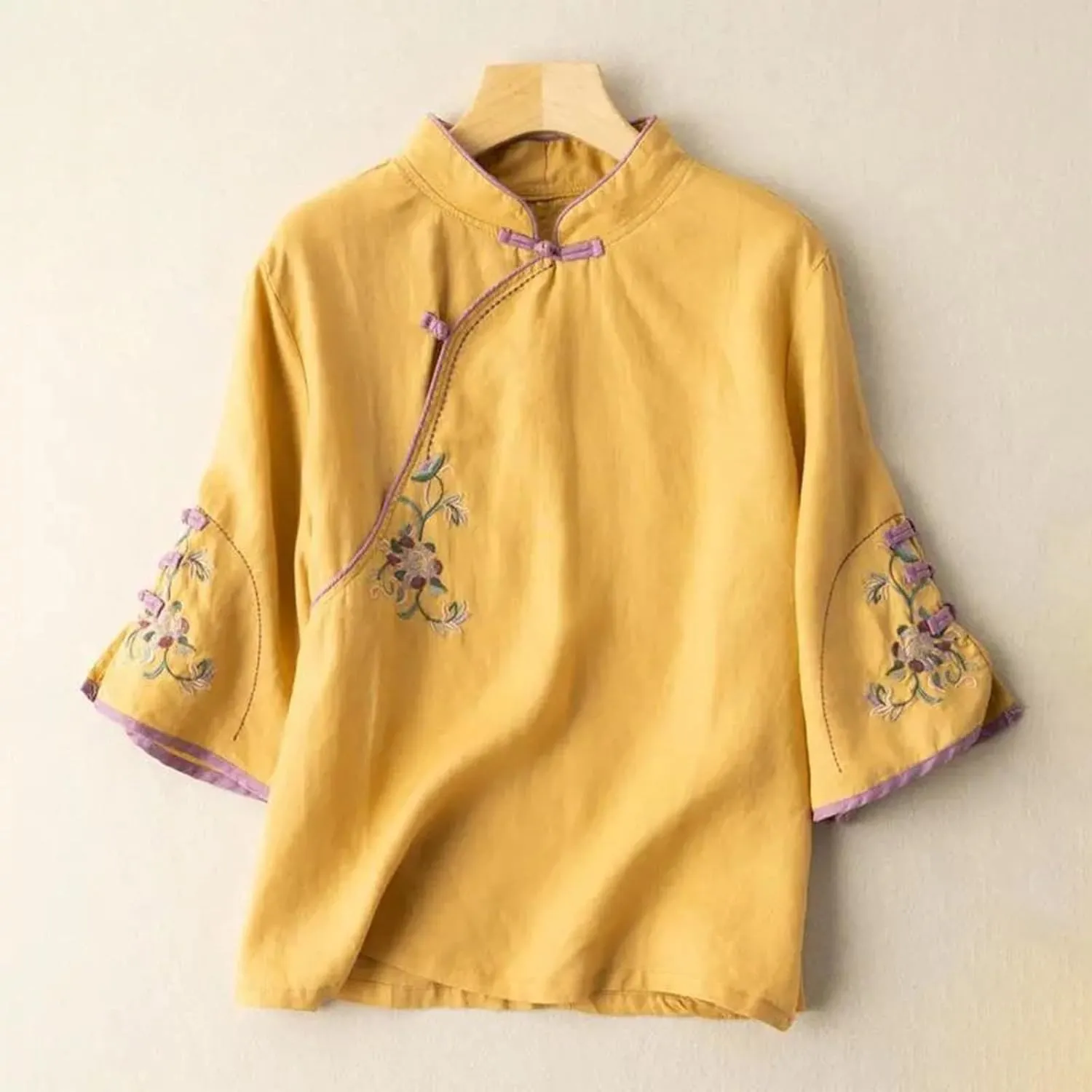 Plus Size Linen Tops Summer 3/4 Sleeve Chinese Frog Blouses Traditional Mandarin Embroidered Jacquard Shirts