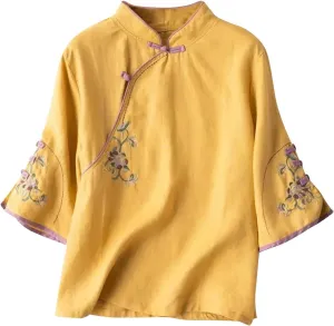 Plus Size Linen Tops Summer 3/4 Sleeve Chinese Frog Blouses Traditional Mandarin Embroidered Jacquard Shirts