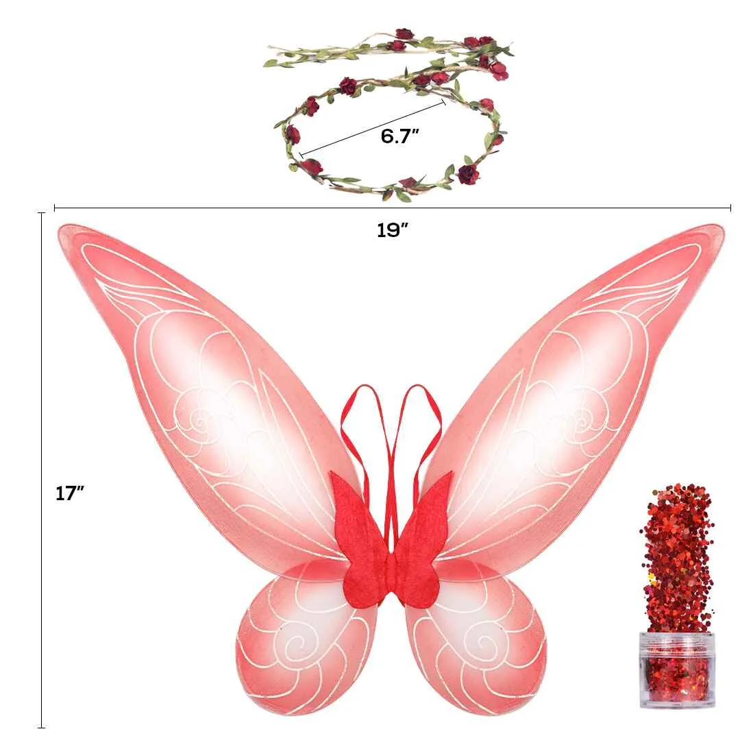 Red Fairy Costume Accessories Set - Fairy Wings, Fairy Crown - FUNCREDIBLE