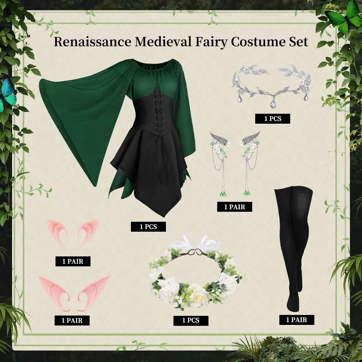 Renaissance Dresses Medieval Costume for Women Fairy Crown Elf Ear Cuffs Irish Dress Halloween Cosplay