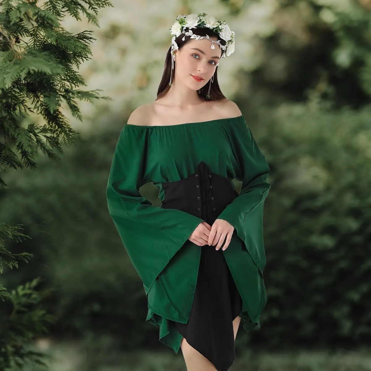 Renaissance Dresses Medieval Costume for Women Fairy Crown Elf Ear Cuffs Irish Dress Halloween Cosplay