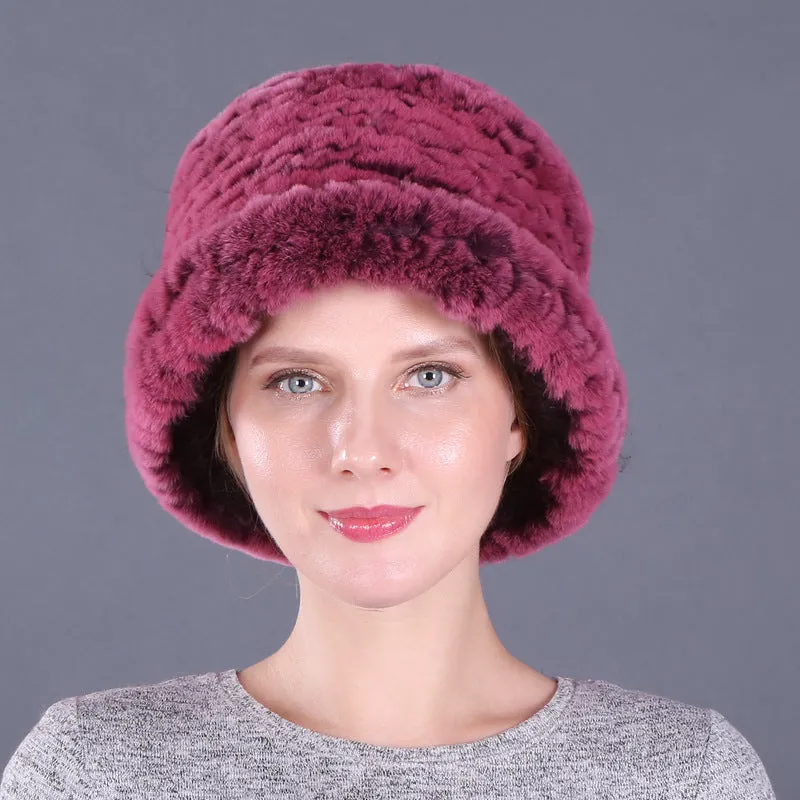 Rex rabbit fur hat women's autumn and winter trendy wool knitted curling hat dome small hat ear protection warm hat