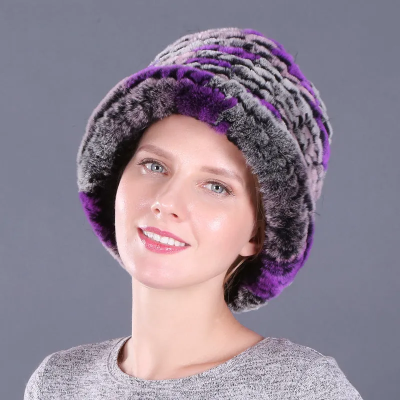 Rex rabbit fur hat women's autumn and winter trendy wool knitted curling hat dome small hat ear protection warm hat