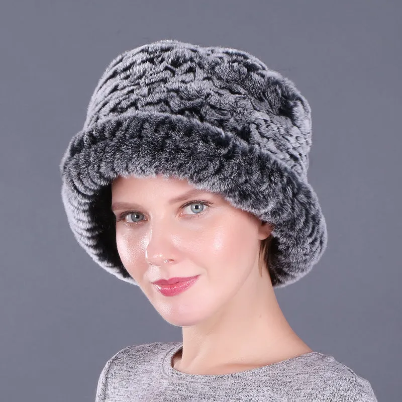 Rex rabbit fur hat women's autumn and winter trendy wool knitted curling hat dome small hat ear protection warm hat