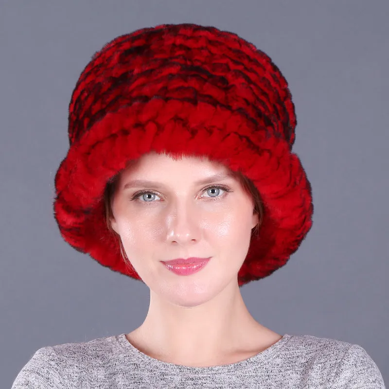 Rex rabbit fur hat women's autumn and winter trendy wool knitted curling hat dome small hat ear protection warm hat