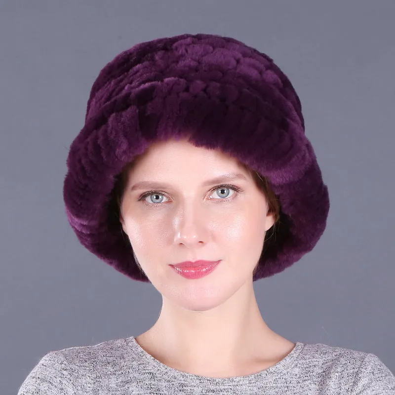 Rex rabbit fur hat women's autumn and winter trendy wool knitted curling hat dome small hat ear protection warm hat
