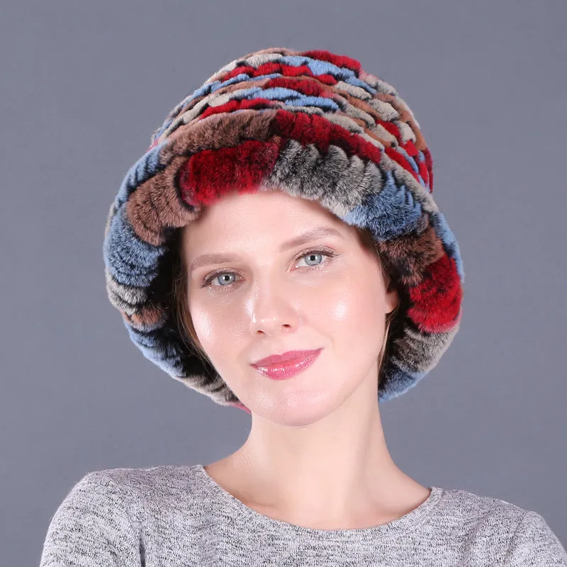 Rex rabbit fur hat women's autumn and winter trendy wool knitted curling hat dome small hat ear protection warm hat