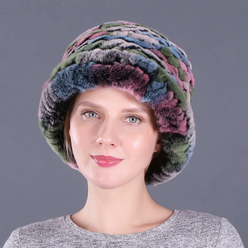 Rex rabbit fur hat women's autumn and winter trendy wool knitted curling hat dome small hat ear protection warm hat