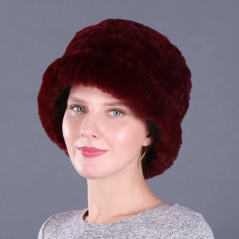 Rex rabbit fur hat women's autumn and winter trendy wool knitted curling hat dome small hat ear protection warm hat