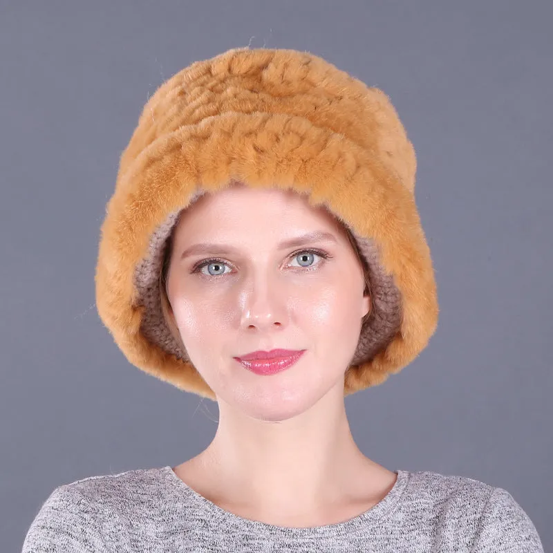 Rex rabbit fur hat women's autumn and winter trendy wool knitted curling hat dome small hat ear protection warm hat
