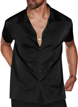 Runcati Mens Luxury Satin Silk Dress Shirts Casual Button Down Short Sleeve Prom Party Wedding Shirt
