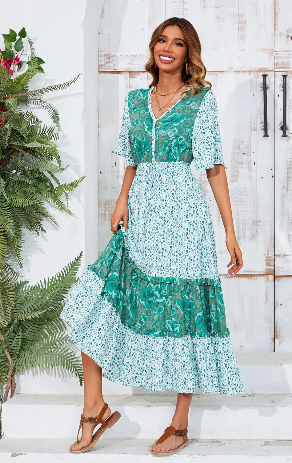 R.Vivimos Women's Short Sleeve V Neck Cotton Beach Floral Buttons Midi Dresses