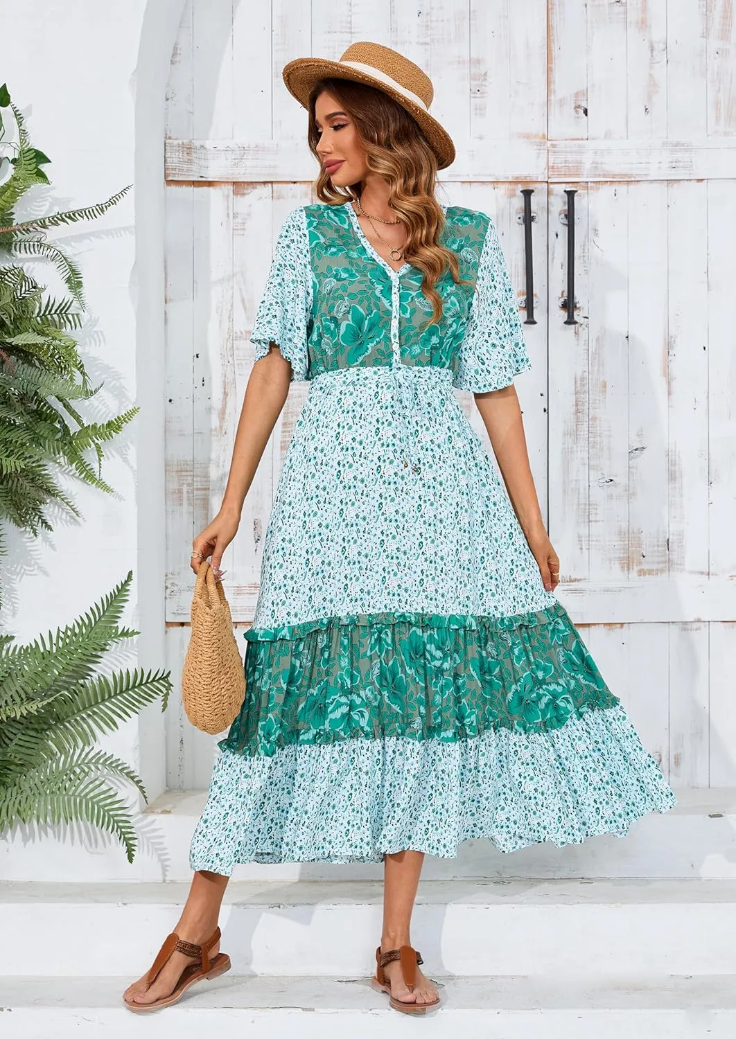 R.Vivimos Women's Short Sleeve V Neck Cotton Beach Floral Buttons Midi Dresses