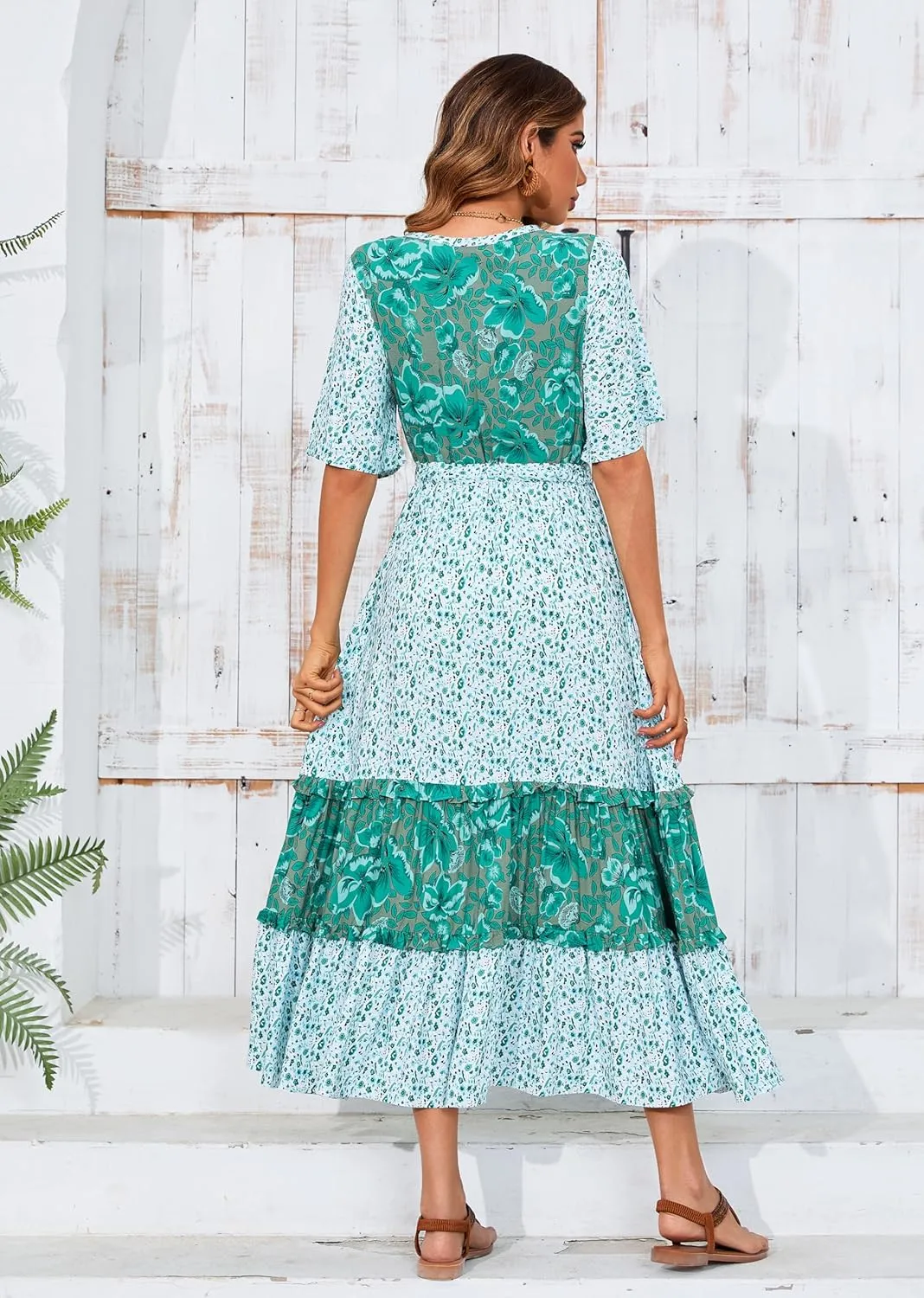R.Vivimos Women's Short Sleeve V Neck Cotton Beach Floral Buttons Midi Dresses