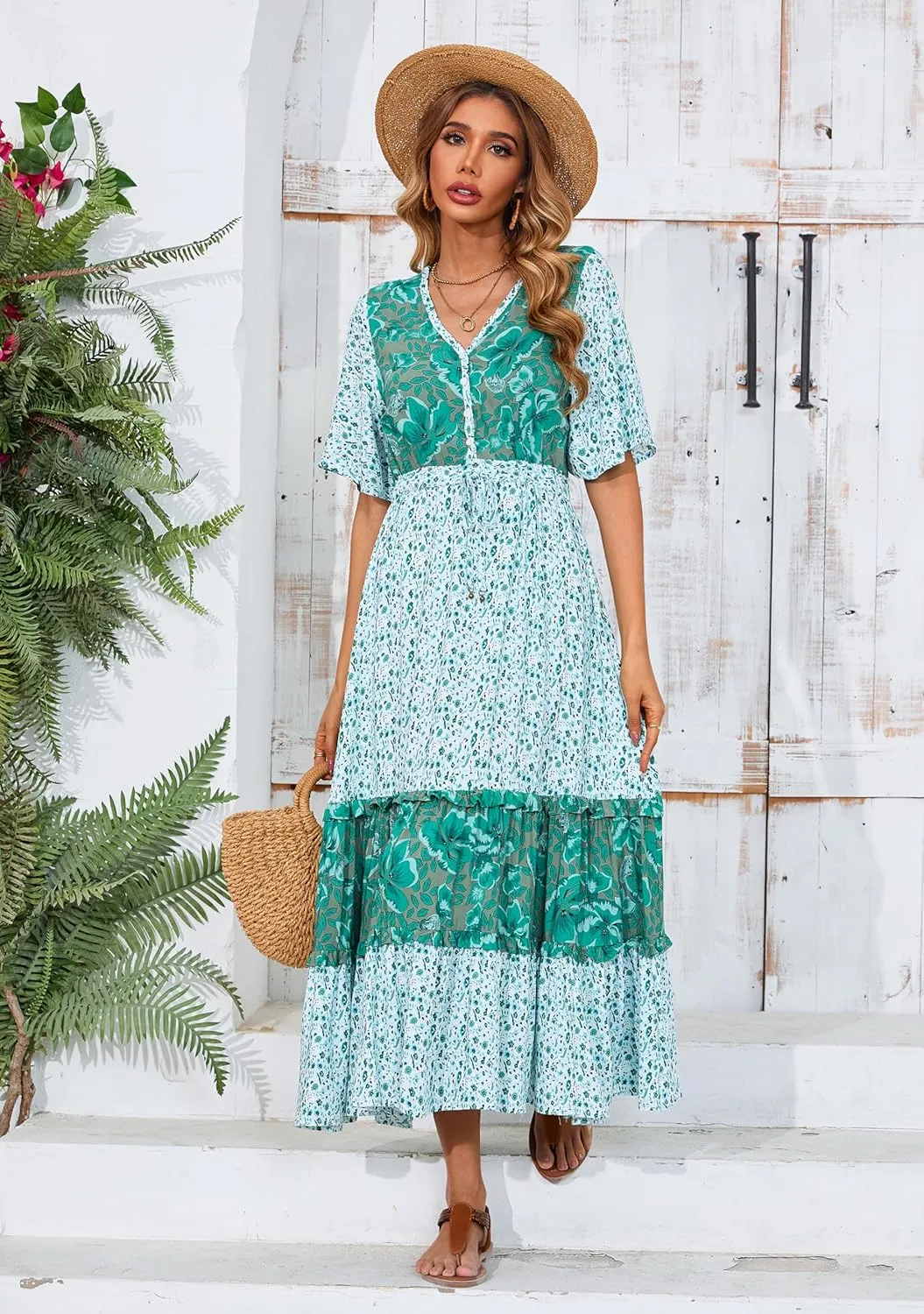 R.Vivimos Women's Short Sleeve V Neck Cotton Beach Floral Buttons Midi Dresses