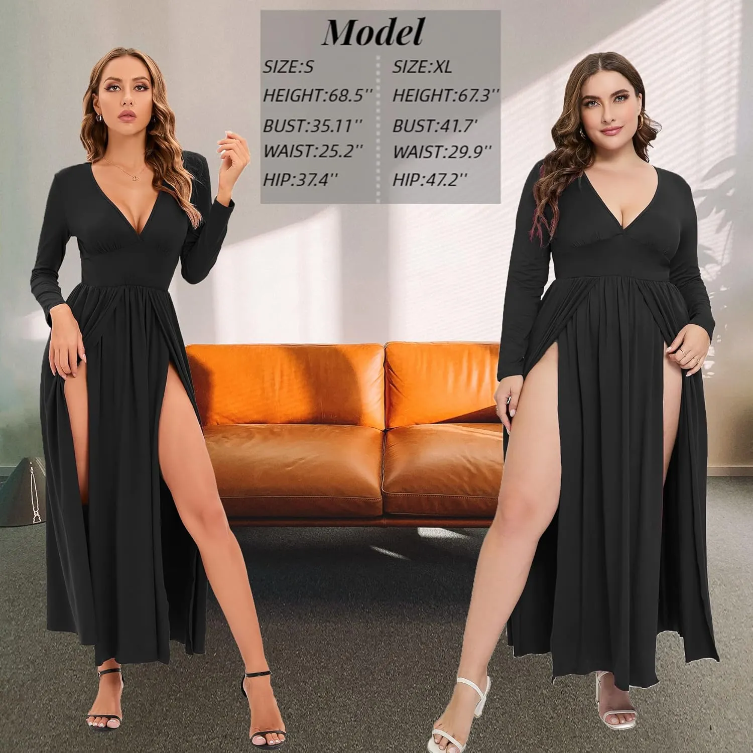 SILUI Women's Summer 2025 Sexy Double High Slit Deep V Neck Plus Size Sundresses Thigh Split Maxi Club Party Dresses