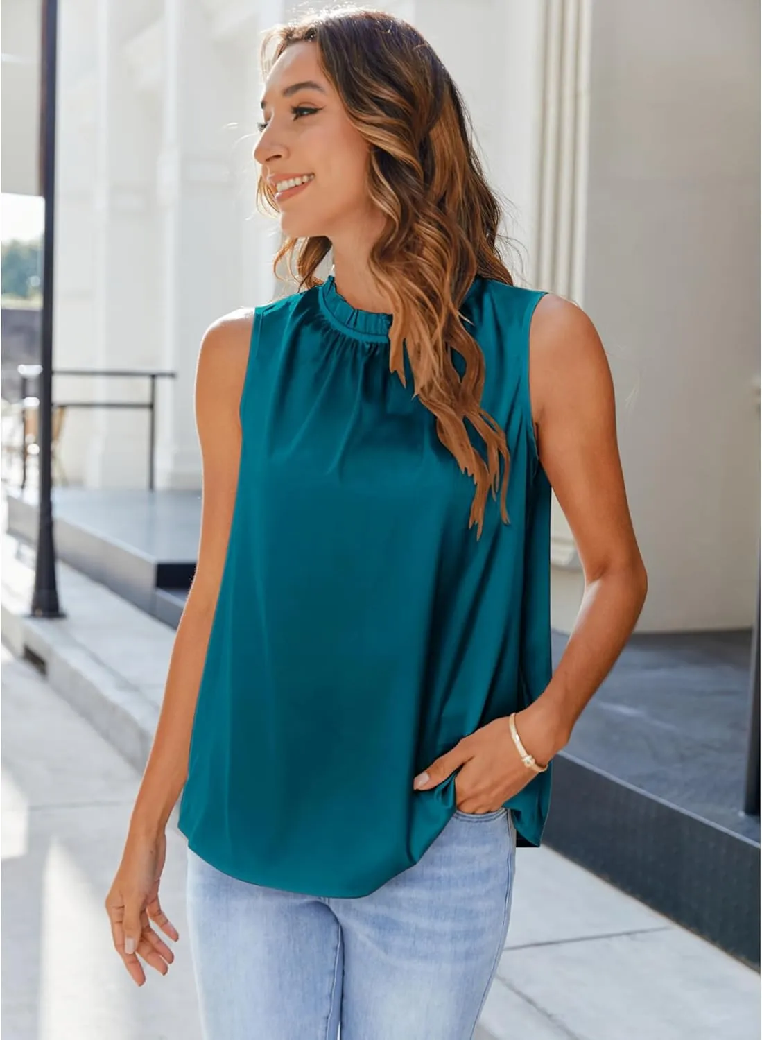 SimpleFun Womens Silk Satin Tank Tops Business Casual Ruffle Trim Mock Neck Sleeveless Summer Blouses Shirts