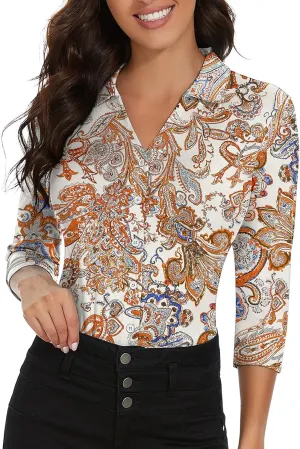 Soneven Womens Golf Polo Shirts 3/4 Long Sleeve V Neck Button Down Shirts Business Causal Work Blouses Tops