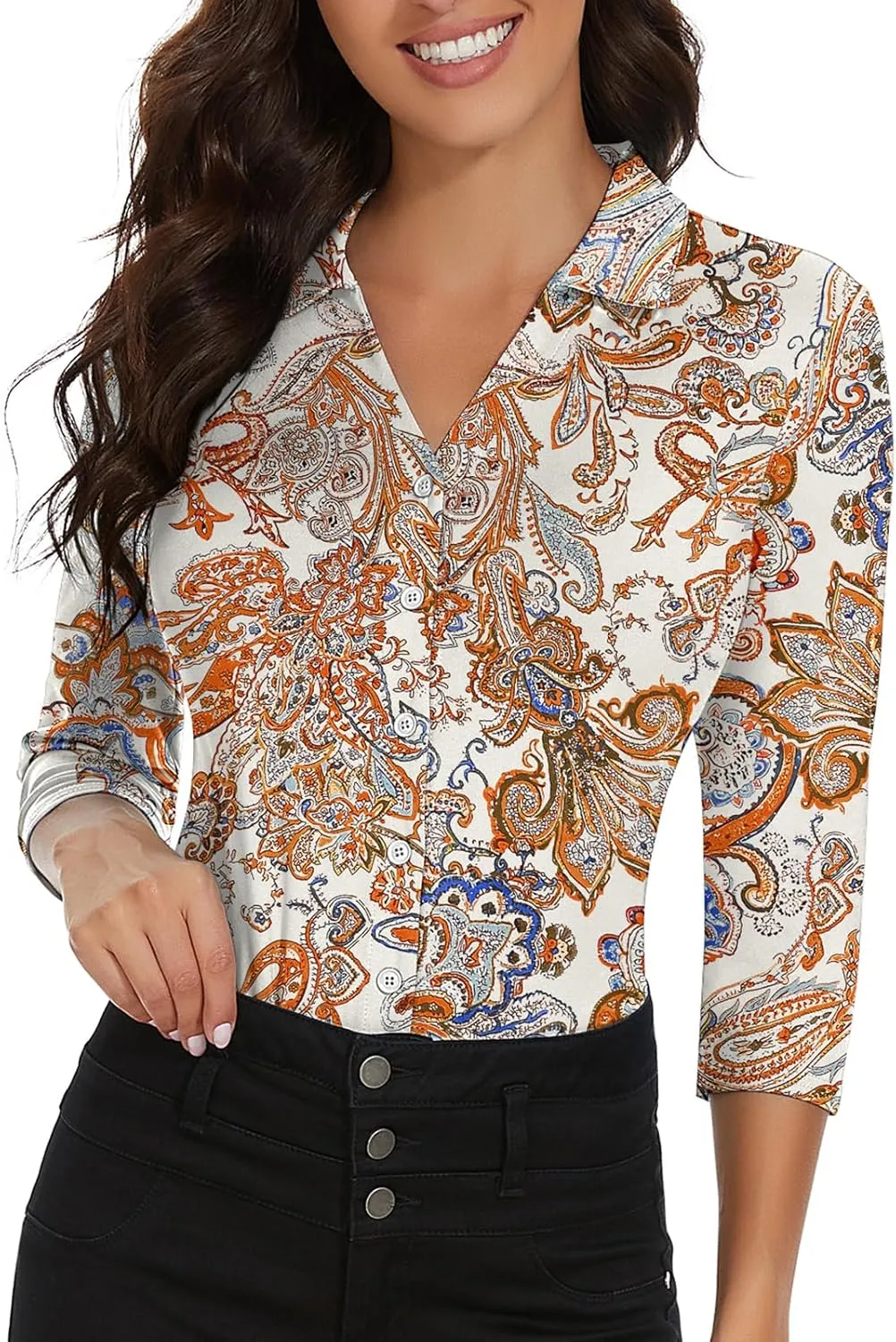 Soneven Womens Golf Polo Shirts 3/4 Long Sleeve V Neck Button Down Shirts Business Causal Work Blouses Tops