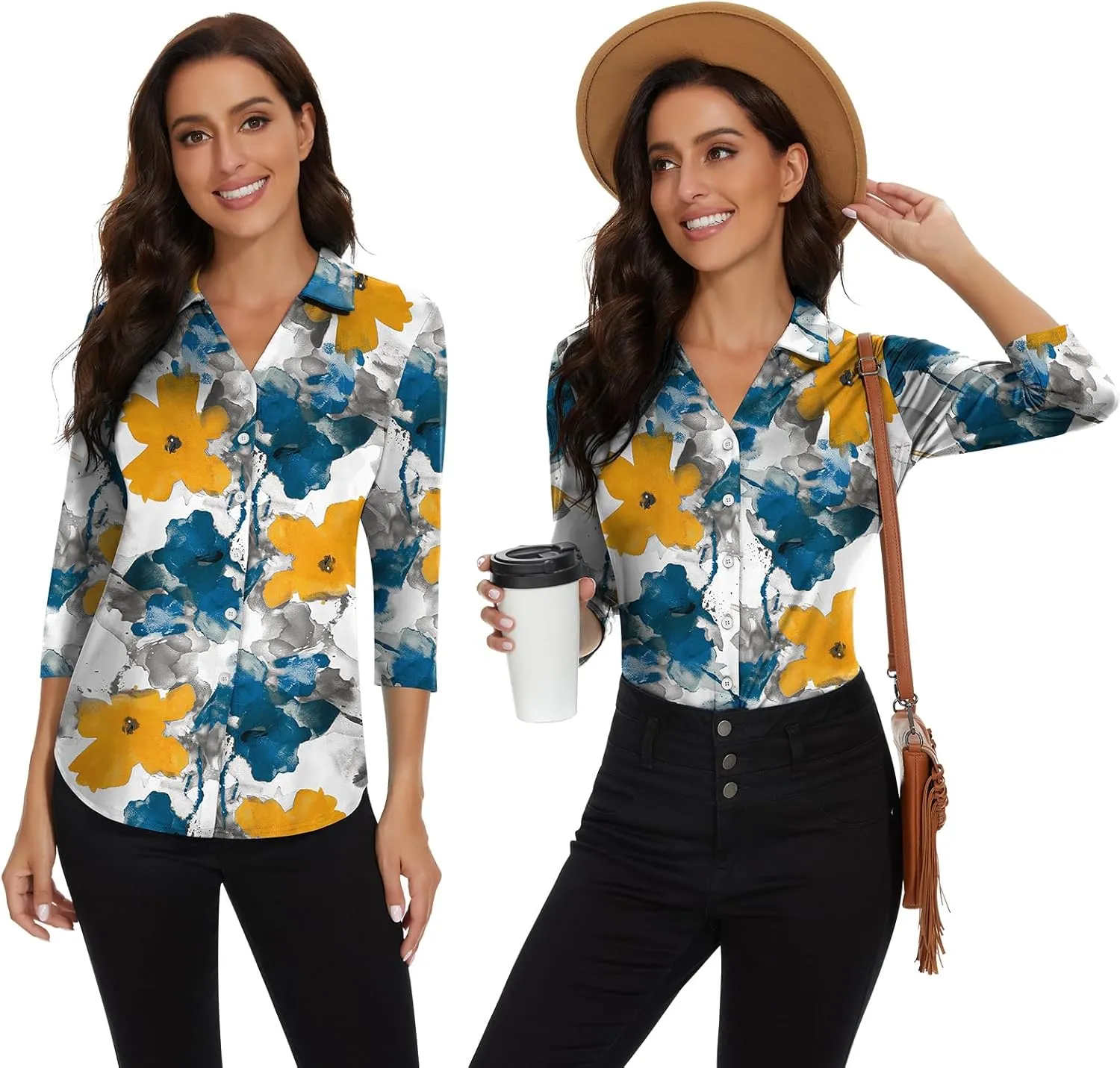 Soneven Womens Golf Polo Shirts 3/4 Long Sleeve V Neck Button Down Shirts Business Causal Work Blouses Tops