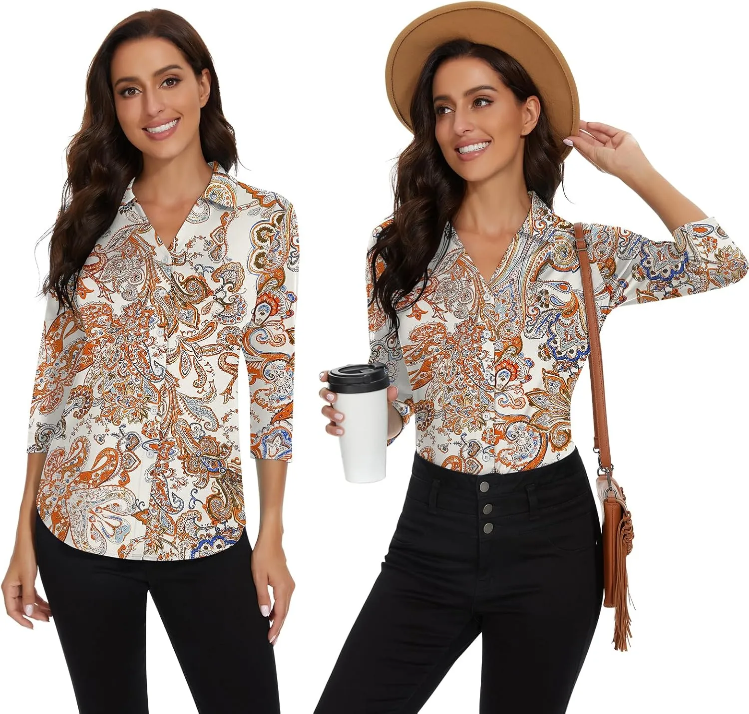 Soneven Womens Golf Polo Shirts 3/4 Long Sleeve V Neck Button Down Shirts Business Causal Work Blouses Tops