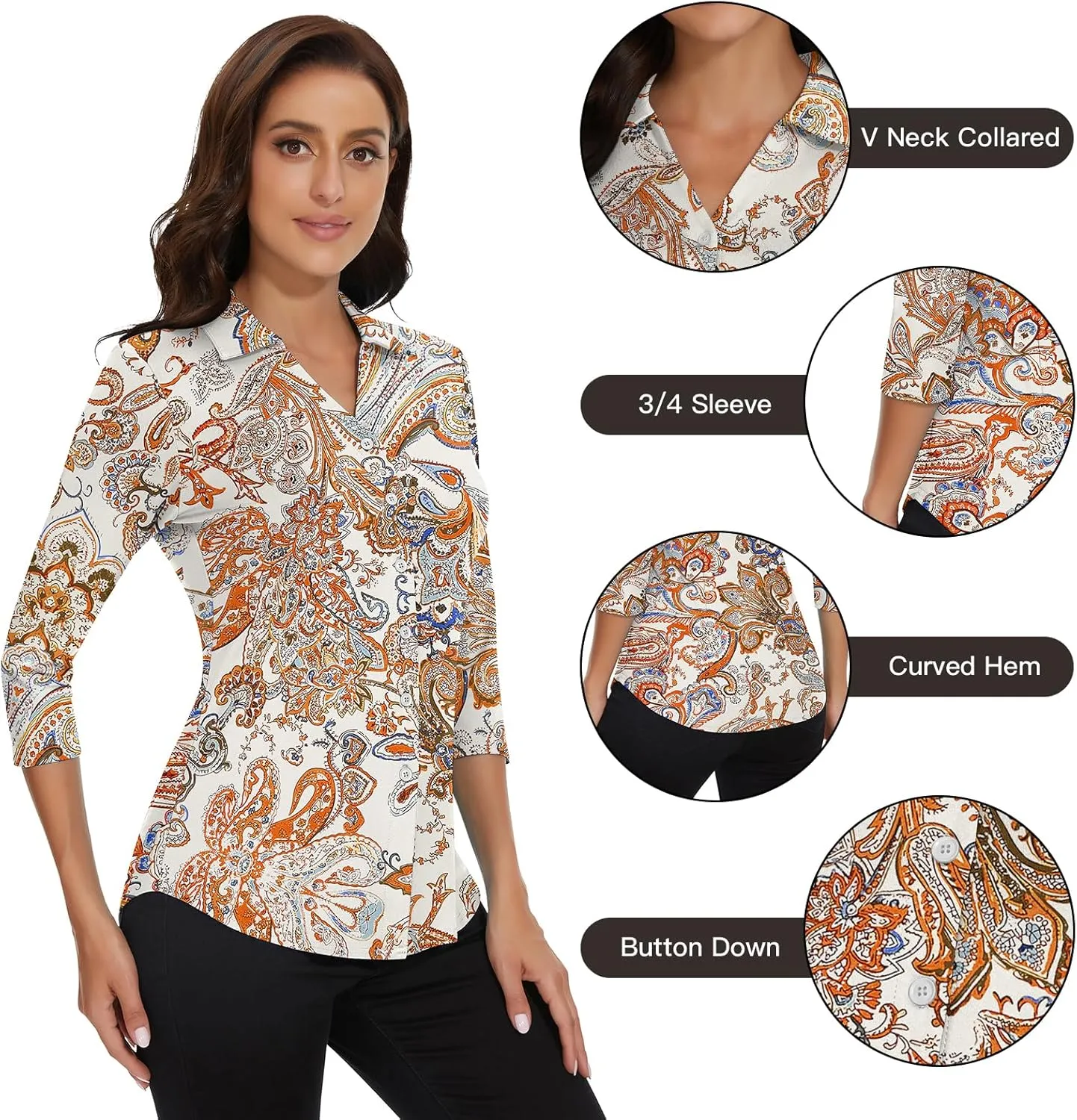 Soneven Womens Golf Polo Shirts 3/4 Long Sleeve V Neck Button Down Shirts Business Causal Work Blouses Tops