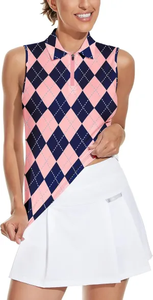 Soneven Womens Sleeveless Golf Shirt Moisture Wicking Athletic Golf Tank Top Printed Polo Tennis Shirts (XS-3XL)
