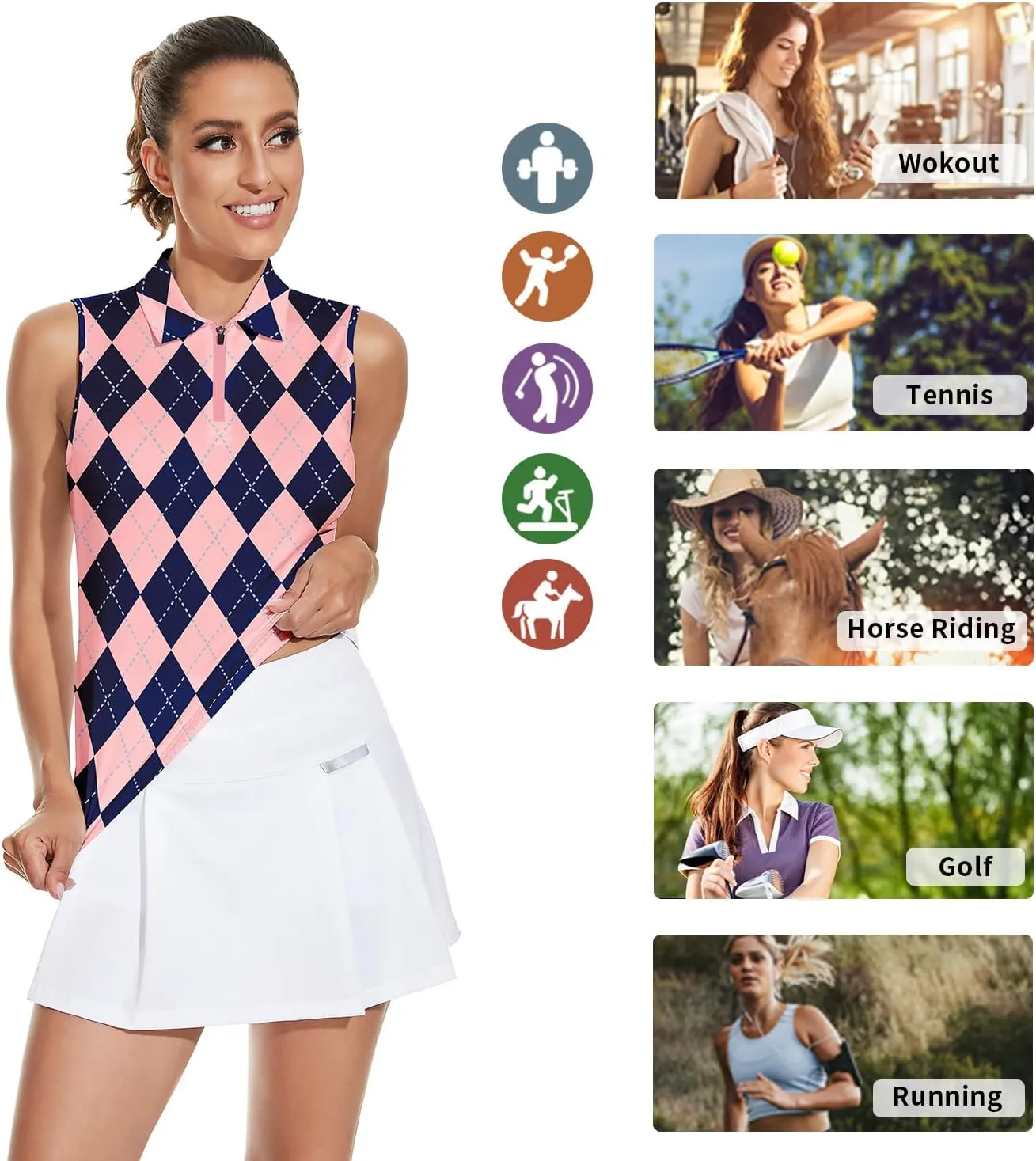 Soneven Womens Sleeveless Golf Shirt Moisture Wicking Athletic Golf Tank Top Printed Polo Tennis Shirts (XS-3XL)