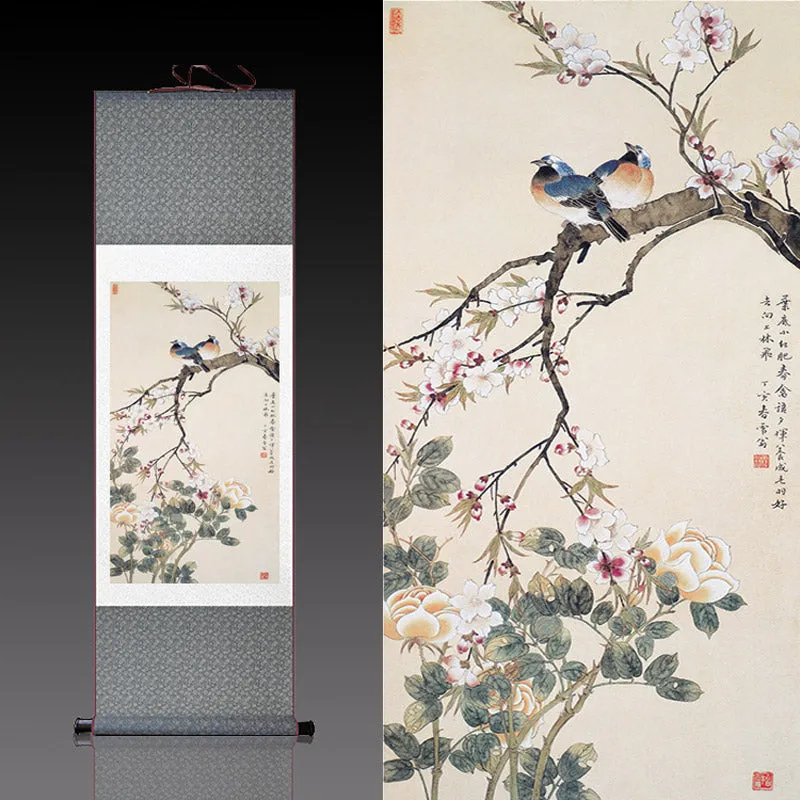 Traditional Chinese Paiting Reproduction Flower and Bird「Peace and Prosperity」Silk Scroll Hanging Painting Wall Decoration Art