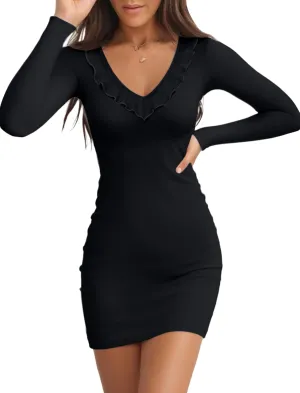 Valiamcep Women's Mini Dress V Neck Ruffle Long Sleeve Ribbed Slim Fitted Bodycon Pencil Dresses