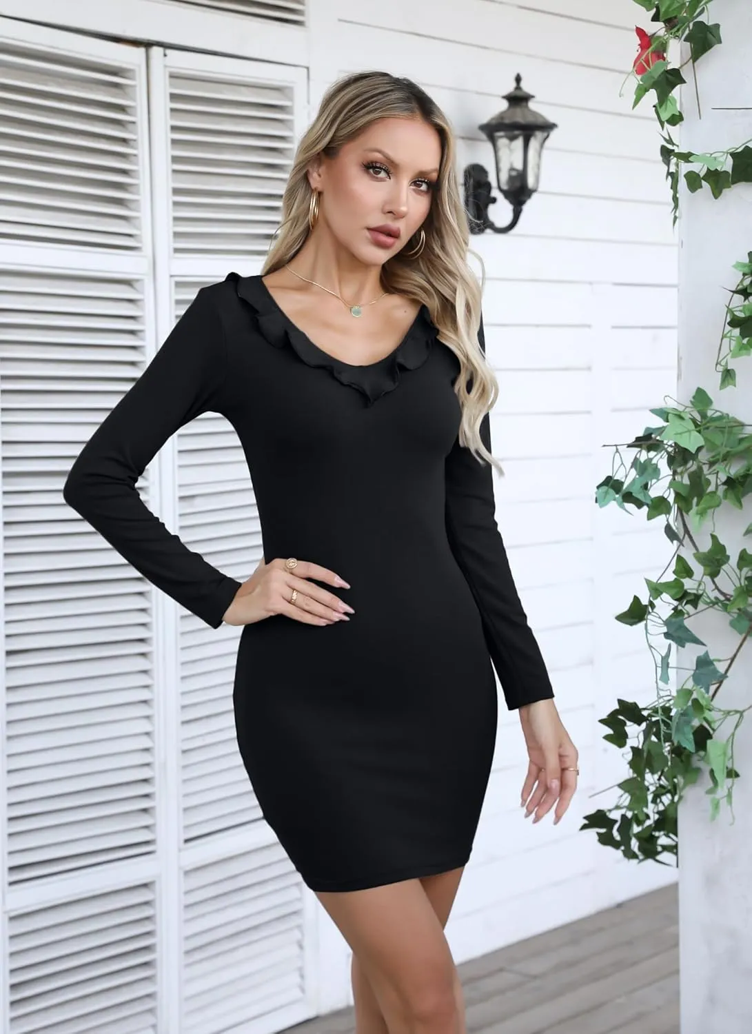 Valiamcep Women's Mini Dress V Neck Ruffle Long Sleeve Ribbed Slim Fitted Bodycon Pencil Dresses