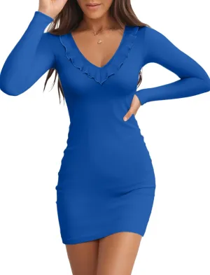 Valiamcep Women's Mini Dress V Neck Ruffle Long Sleeve Ribbed Slim Fitted Bodycon Pencil Dresses