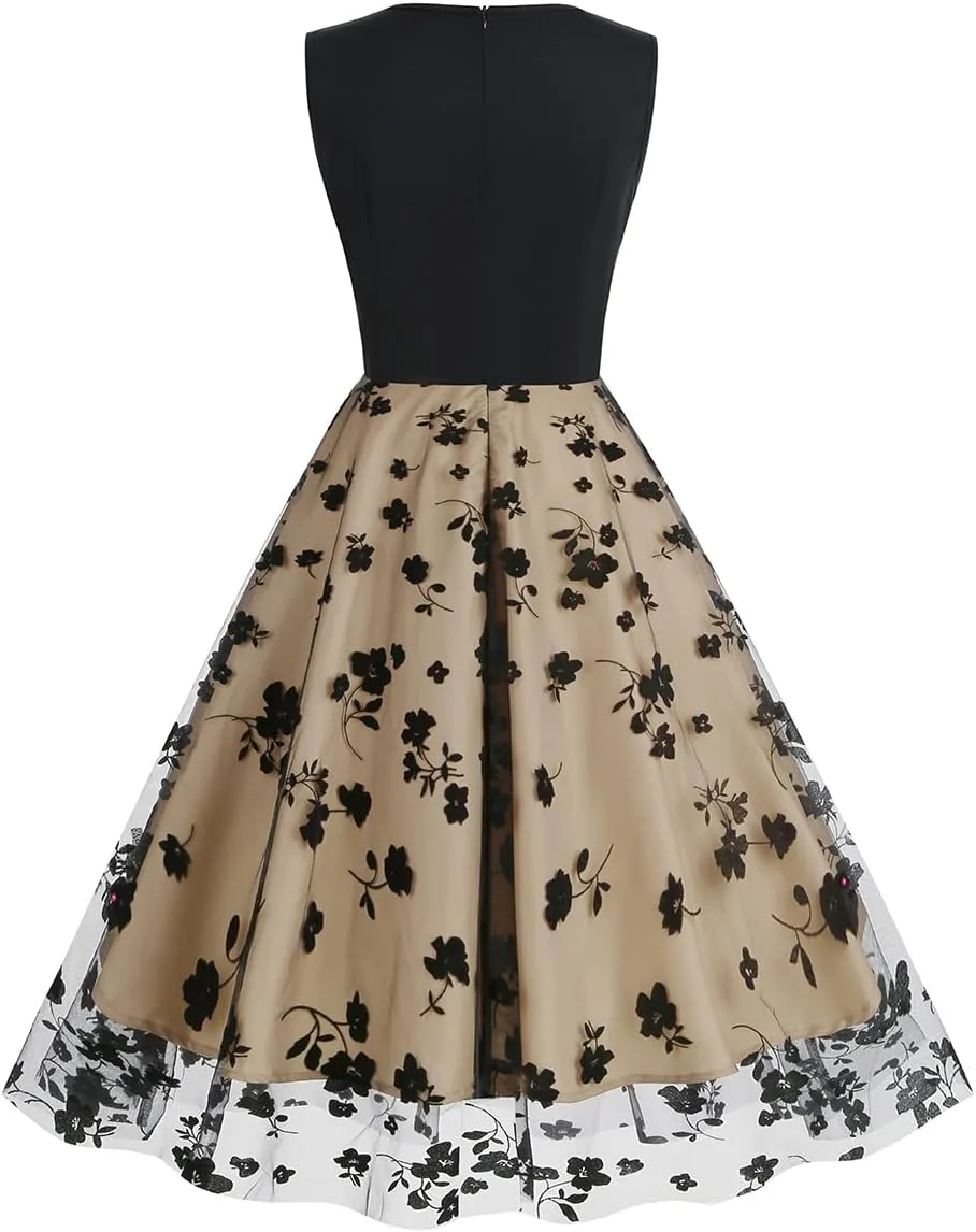 Vintage Dress for Women 1950s Tea Party Embroidered Butterfly Floral A-line Cocktail Homecoming Dress