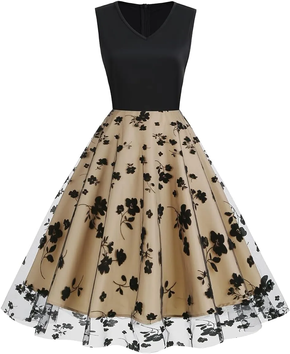 Vintage Dress for Women 1950s Tea Party Embroidered Butterfly Floral A-line Cocktail Homecoming Dress