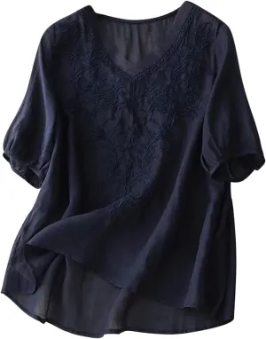 Vintage Mexican Embroidered Shirts for Women Summer Short Sleeve Cotton Linen Gauze Tops Casual V Neck Boho Blouse