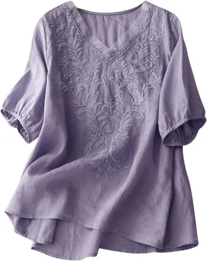 Vintage Mexican Embroidered Shirts for Women Summer Short Sleeve Cotton Linen Gauze Tops Casual V Neck Boho Blouse