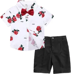 Volunboy Toddler Boy Hawaiian Short Sets Short Sleeve Button Down Shirts Shorts Suit Kids 2 Piece Summer Clothes with Bow Tie